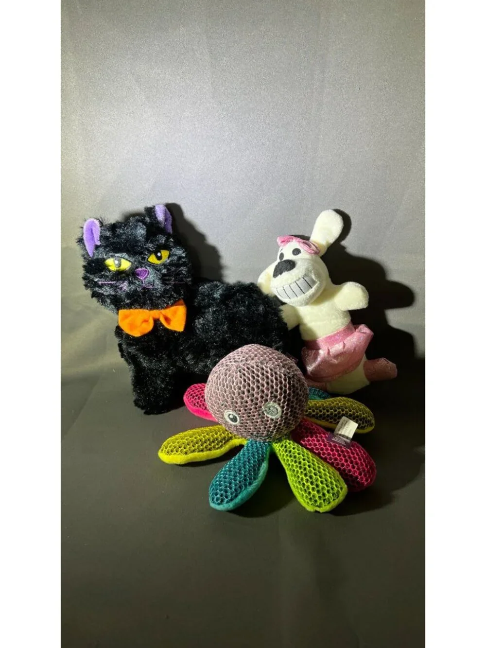 Set Of 3 Multipet Plush Dog Toys: Cat Rabbit Octopus Durable & Fun